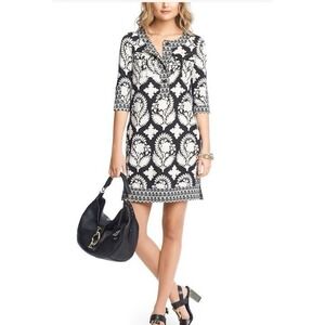 Diane Von Furstenberg SADIE BLACK/WHITE INDIAN BROCADE‎ FLORAL STAMP DRESS sz 14